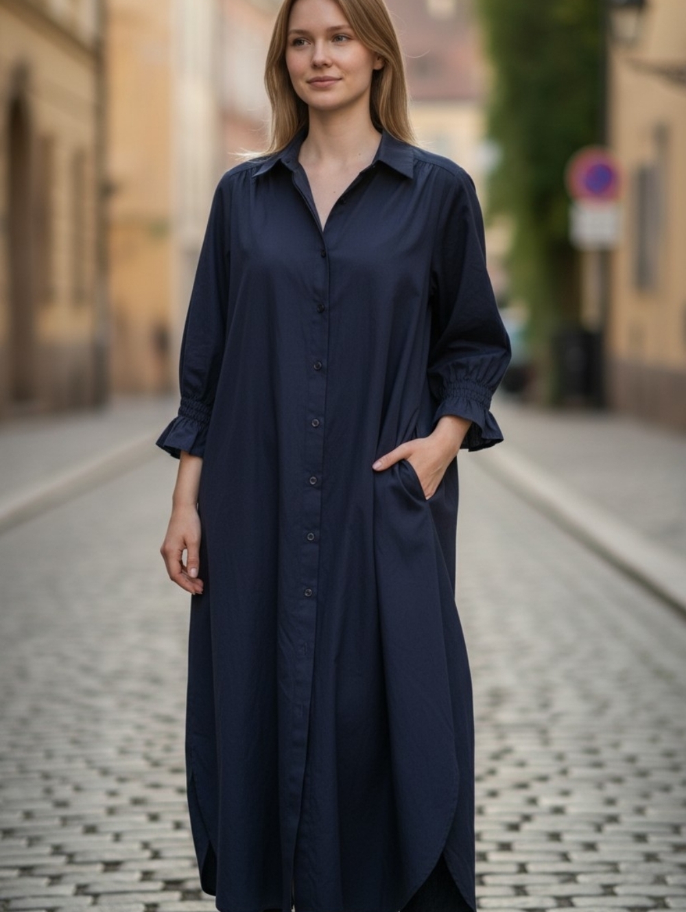 Finley Navy Midi Shirt Dress with Ruched Three-Quarter Sleeves
